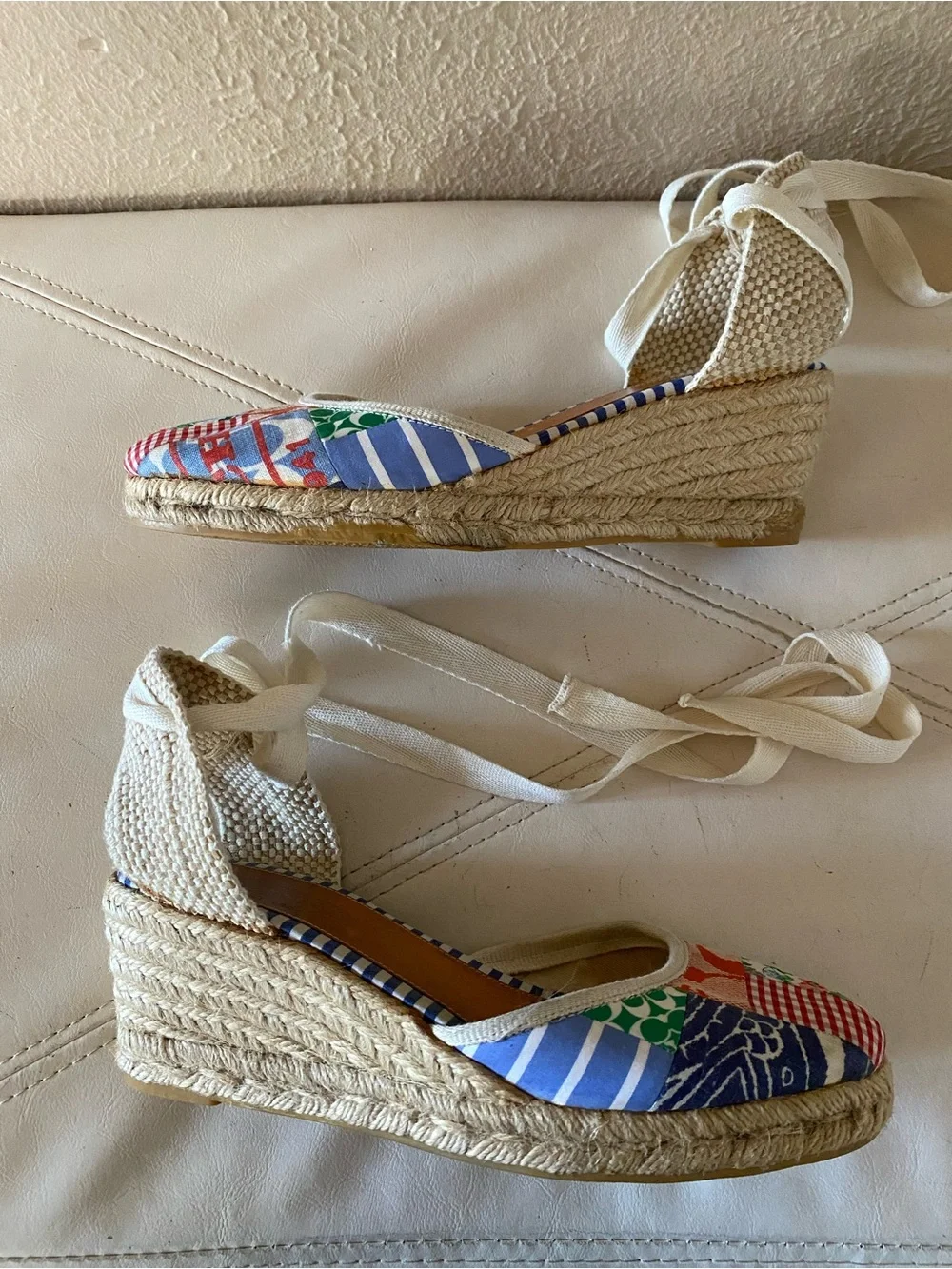 Coach Y2K Patchwork Espadrille Wedge Sandals with Ankle Tie Preppy Size 8